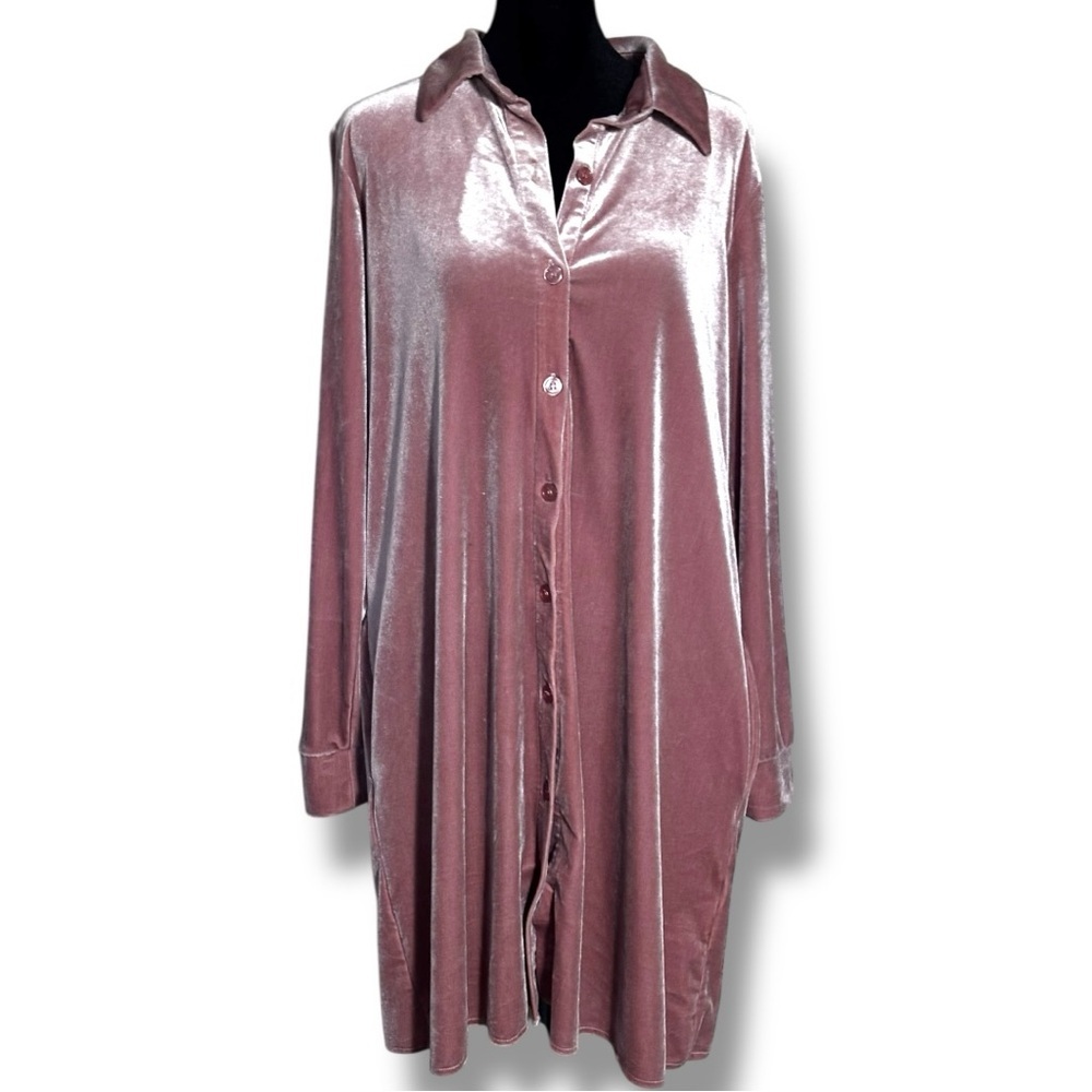 Rose/Mauve Velvet Long Sleeve Button Down Collared Mini Shirt Dress - Picture 4 of 16